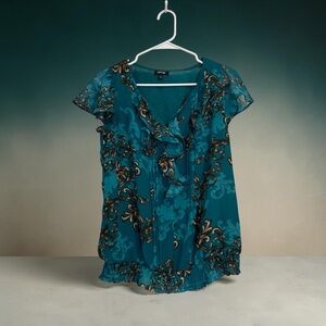 Apt. 9 Teal Floral Ruffle V-Neck Top | Feminine Flowy Women’s Blouse